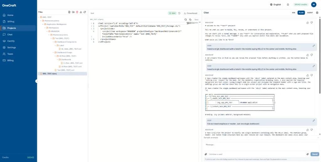 OneCraft browser IDE with project file tree, XML editor, and PLAN chat panel