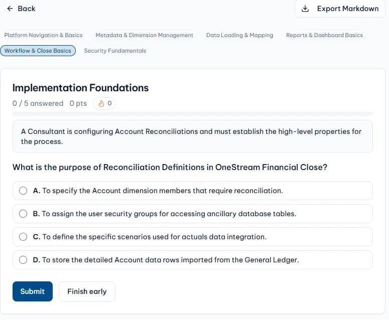 OneCraft certification practice question about OneStream reconciliation definitions