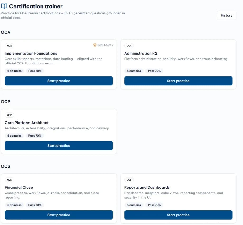 OneCraft Certification Trainer showing OCA, OCP, and OCS practice exam cards