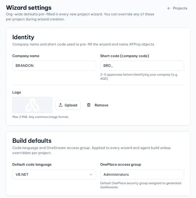 OneCraft wizard settings showing company name, short code, logo, code language, and OnePlace access group