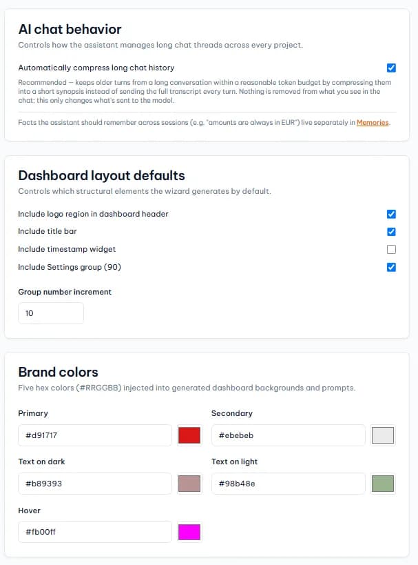 OneCraft wizard settings showing dashboard layout defaults and brand color controls