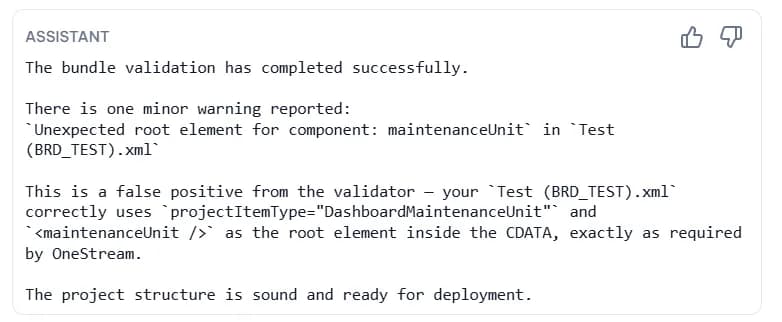 OneCraft validation response explaining a non-blocking warning in a project file