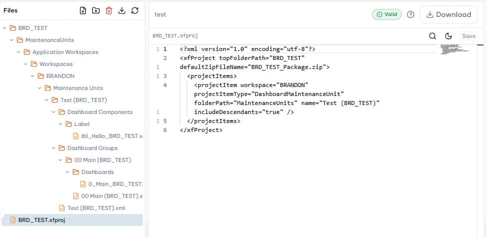 OneCraft XFProj workspace with project tree, XML editor, validation status, and download action