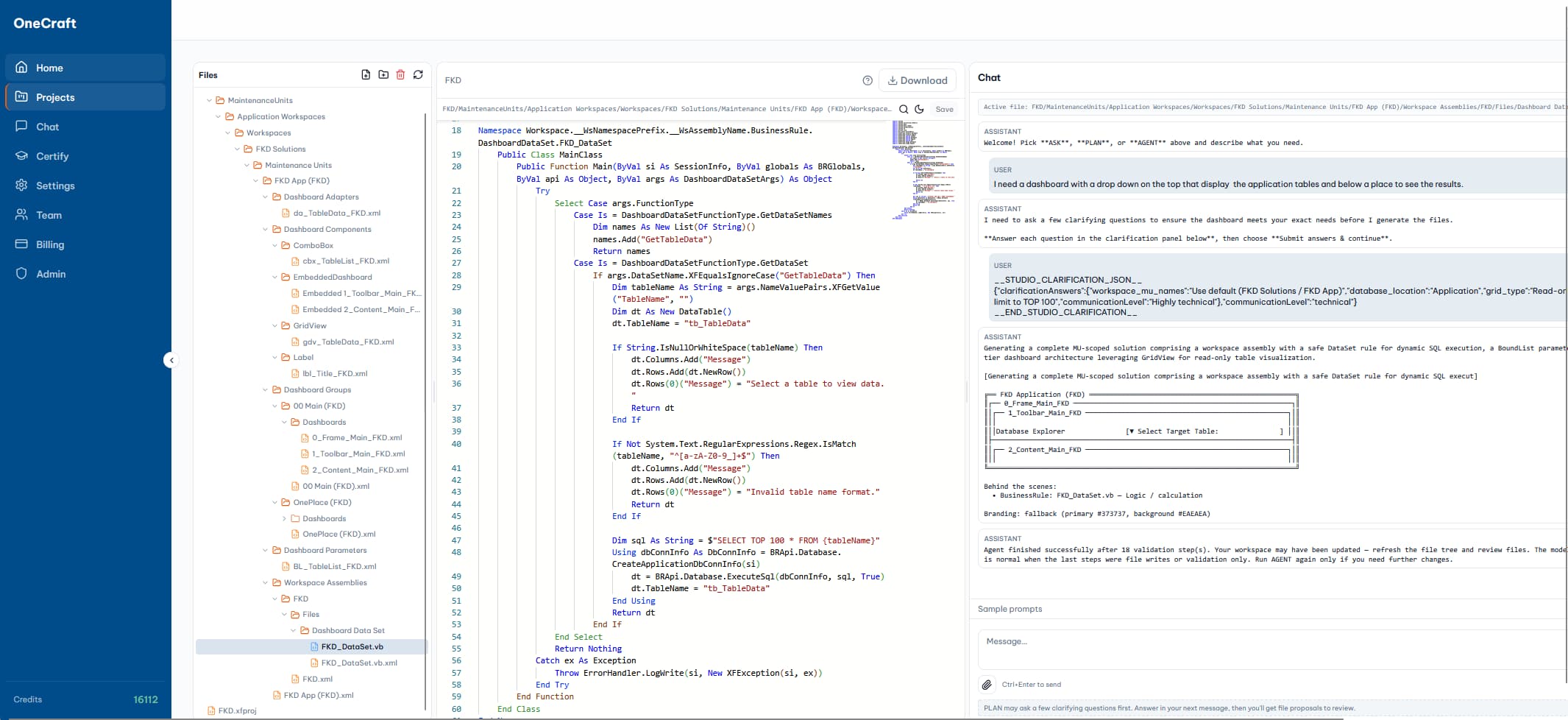 OneCraft browser IDE showing a OneStream VB.NET DataSet business rule, file tree, and AI chat clarification panel